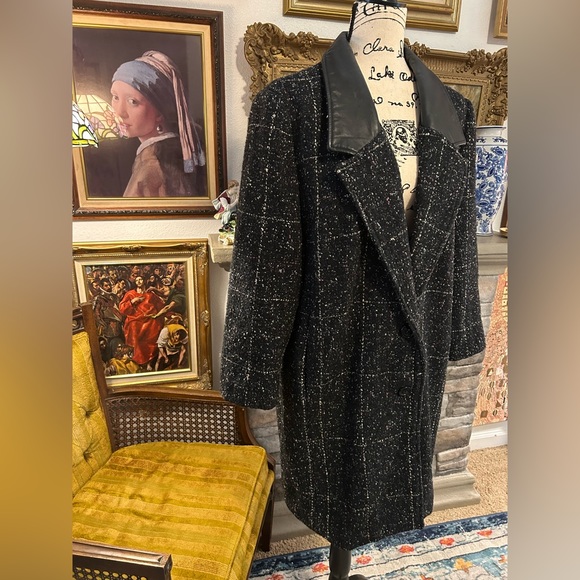Vtg Coat Leather Lapel Havoc Black Tweed Coat Women’s 10 - Picture 9 of 9